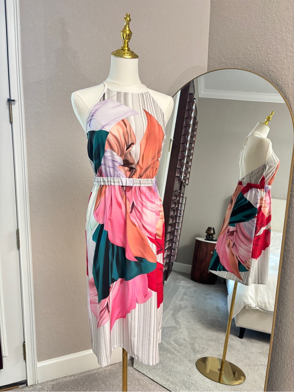 Clover Canyon Halter Midi Dress in Pink, Teal & Coral, XS